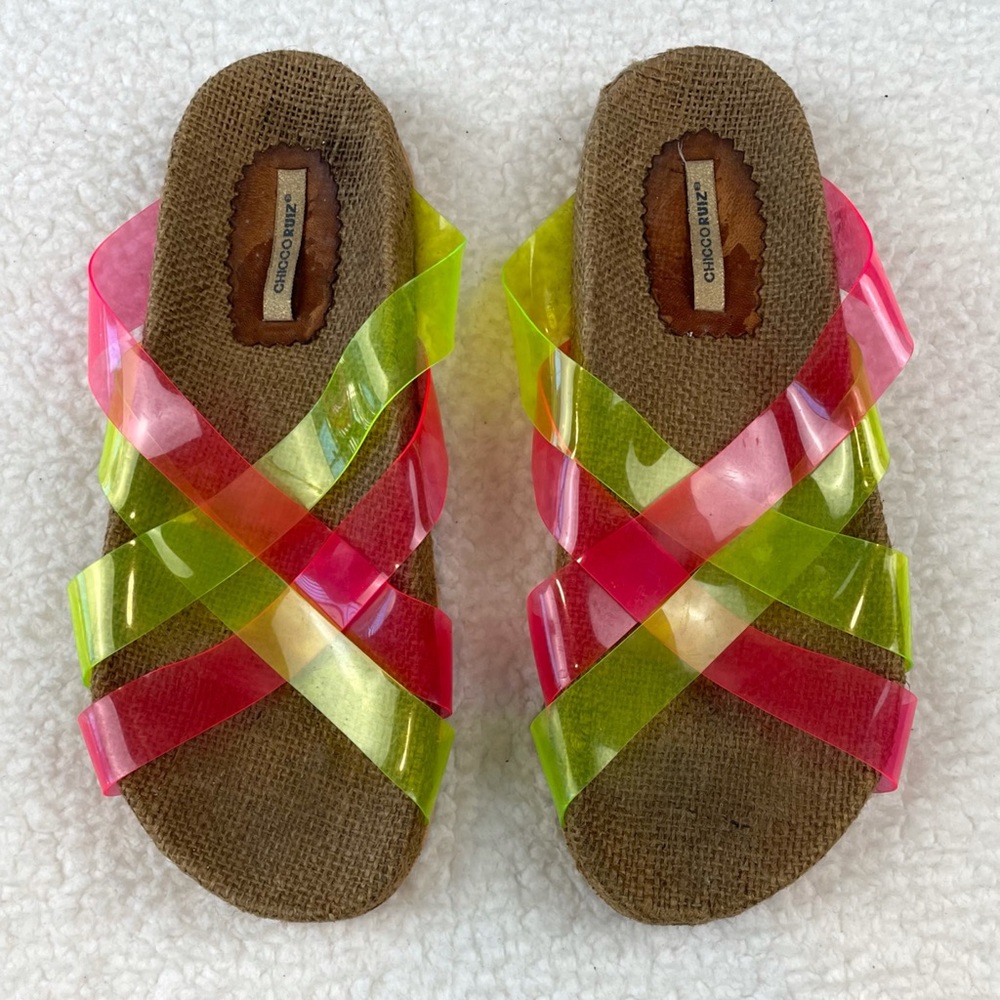 CHICCO RUIZ • Pink and Green Criss Cross Slip-On Sandals, 8.5 - Picture 2 of 16